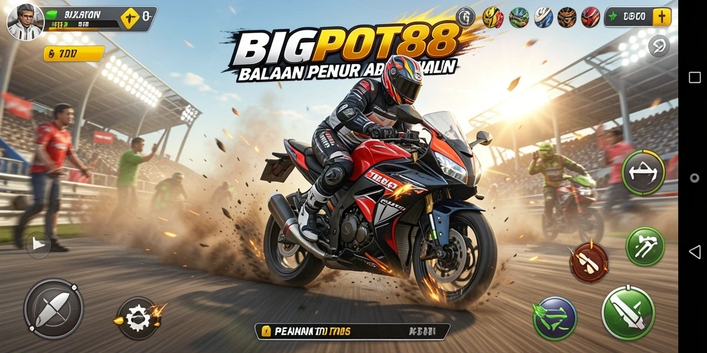 Tampilan bermain <strong>BIGPOT88</strong> yang menampilkan kecepatan dan ketegangan di trek balap.