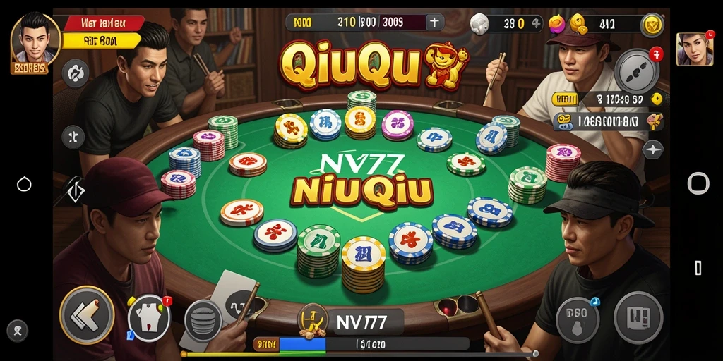 Screenshot utama NV77 menampilkan aksi seru dalam permainan QiuQiu.