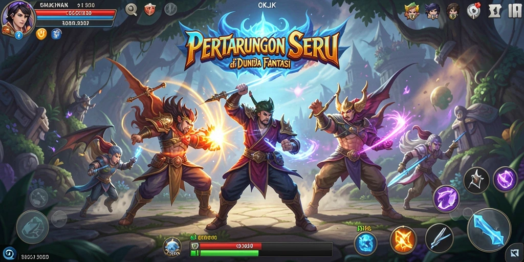 Screenshot gameplay OKJK dengan pertarungan mendebarkan di dunia fantasi.