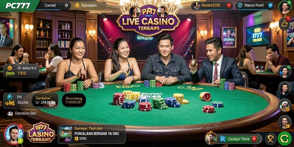Screenshot gameplay Live Casino di PC777 menunjukkan dealer dan permainan langsung.