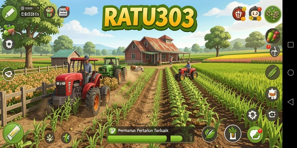 Tampilan gameplay menarik di RATU303 dengan pertanian yang luas dan beragam tanaman.